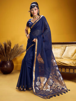 Akhilam - Pure Silk Navy Blue Woven Design Designer Saree with Unstitched Blouse