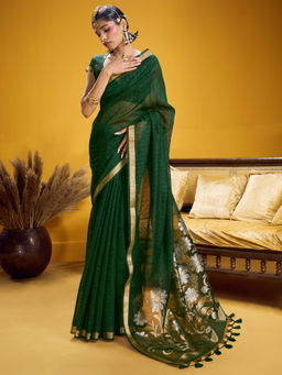 Akhilam - Pure Silk Green Woven Design Designer Saree with Unstitched Blouse