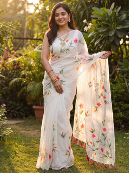 Akhilam - Chinnon White Floral Printed Designer Saree with Unstitched Blouse