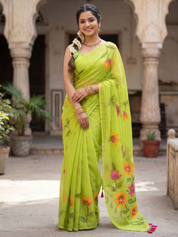 Akhilam - Chinnon Light Green Floral Printed Designer Saree with Unstitched Blouse