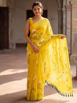 Akhilam - Chinnon Yellow Floral Printed Designer Saree with Unstitched Blouse