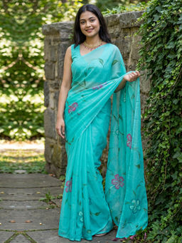 Akhilam - Chinnon Light Blue Floral Printed Designer Saree with Unstitched Blouse