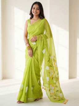 Akhilam - Chinnon Light Green Floral Printed Designer Saree with Unstitched Blouse
