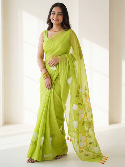 Chinnon Light Green Floral Printed Designer Saree with Unstitched Blouse