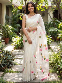 Akhilam - Chinnon White Floral Printed Designer Saree with Unstitched Blouse