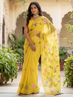 Akhilam - Chinnon Yellow Floral Printed Designer Saree with Unstitched Blouse