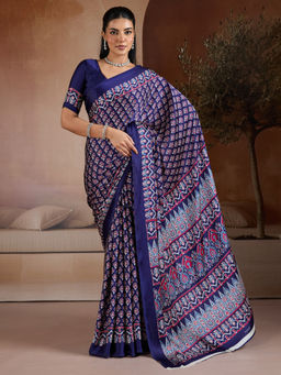 Akhilam - Satin Blue Printed Designer Saree with Unstitched Blouse