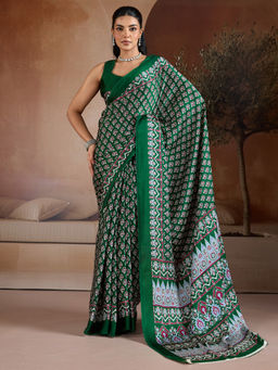 Akhilam - Satin Green Printed Designer Saree with Unstitched Blouse