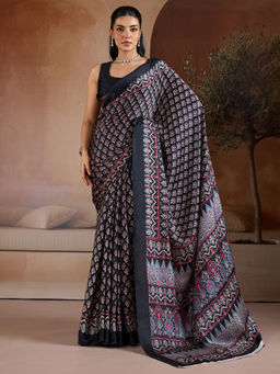 Akhilam - Satin Black Printed Designer Saree with Unstitched Blouse