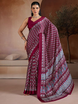Akhilam - Satin Burgundy Printed Designer Saree with Unstitched Blouse