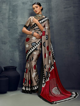 Akhilam - Satin Grey Geometric Printed Designer Saree with Unstitched Blouse