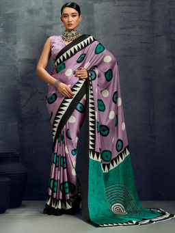 Akhilam - Satin Purple Geometric Printed Designer Saree with Unstitched Blouse
