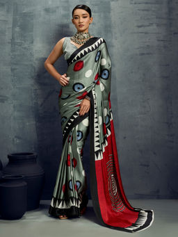 Akhilam - Satin Sea Green Geometric Printed Designer Saree with Unstitched Blouse