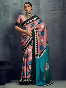 Akhilam - Satin Pink Geometric Printed Designer Saree with Unstitched Blouse