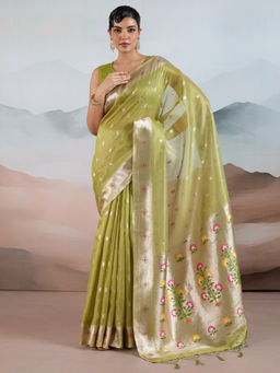 Akhilam - Tissue Light Green Woven Design Designer Saree with Unstitched Blouse