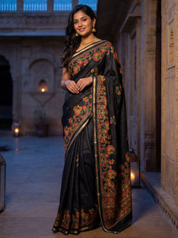 Akhilam - Chiffon Black Printed Designer Saree with Unstitched Blouse