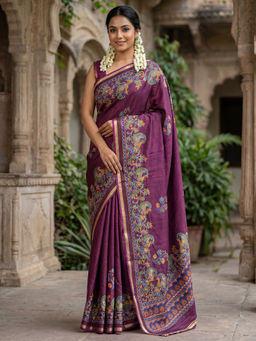 Akhilam - Chiffon Purple Printed Designer Saree with Unstitched Blouse