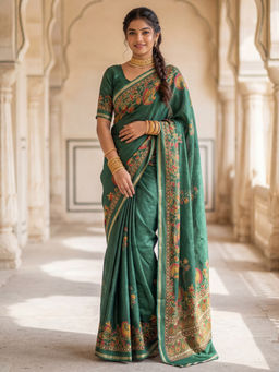 Akhilam - Chiffon Green Printed Designer Saree with Unstitched Blouse