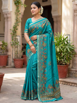 Akhilam - Chiffon Light Blue Printed Designer Saree with Unstitched Blouse