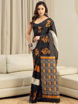 Akhilam - Bhagalpuri Silk Black Floral Printed Ready To Wear Saree with Unstitched Blouse