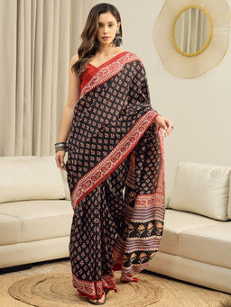 Akhilam - Bhagalpuri Silk Black Floral Printed Ready To Wear Saree with Unstitched Blouse