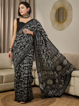 Akhilam - Bhagalpuri Silk Black Printed Ready To Wear Saree with Unstitched Blouse