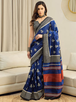 Akhilam - Bhagalpuri Silk Blue Paisley Printed Ready To Wear Saree with Unstitched Blouse