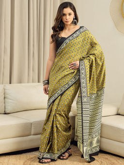 Akhilam - Bhagalpuri Silk Olive Floral Printed Ready To Wear Saree with Unstitched Blouse