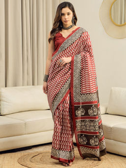 Akhilam - Bhagalpuri Silk Maroon Floral Printed Ready To Wear Saree with Unstitched Blouse