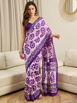Akhilam - Bhagalpuri Silk Purple Floral Printed Ready To Wear Saree with Unstitched Blouse