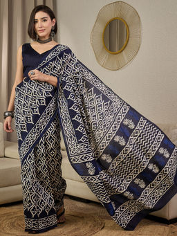Akhilam - Bhagalpuri Silk Navy Blue Ready To Wear Saree with Unstitched Blouse