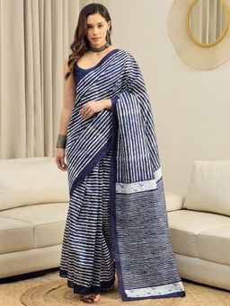 Akhilam - Bhagalpuri Silk Navy Blue Stripe Printed Ready To Wear Saree with Unstitched Blouse