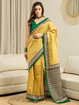 Akhilam - Bhagalpuri Silk Yellow Geometric Printed Ready To Wear Saree with Unstitched Blouse