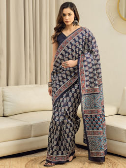 Akhilam - Bhagalpuri Silk Navy Blue Floral Printed Ready To Wear Saree with Unstitched Blouse