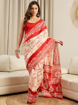 Akhilam - Bhagalpuri Silk Cream Printed Ready To Wear Saree with Unstitched Blouse
