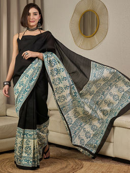 Akhilam - Bhagalpuri Silk Black Printed Ready To Wear Saree with Unstitched Blouse