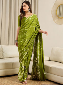 Akhilam - Crepe Green Printed Ready To Wear Saree with Unstitched Blouse