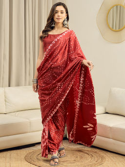 Akhilam - Crepe Red Printed Ready To Wear Saree with Unstitched Blouse