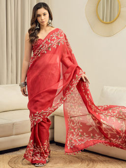 Akhilam - Cotton Slub Red Floral Printed Ready To Wear Saree with Unstitched Blouse