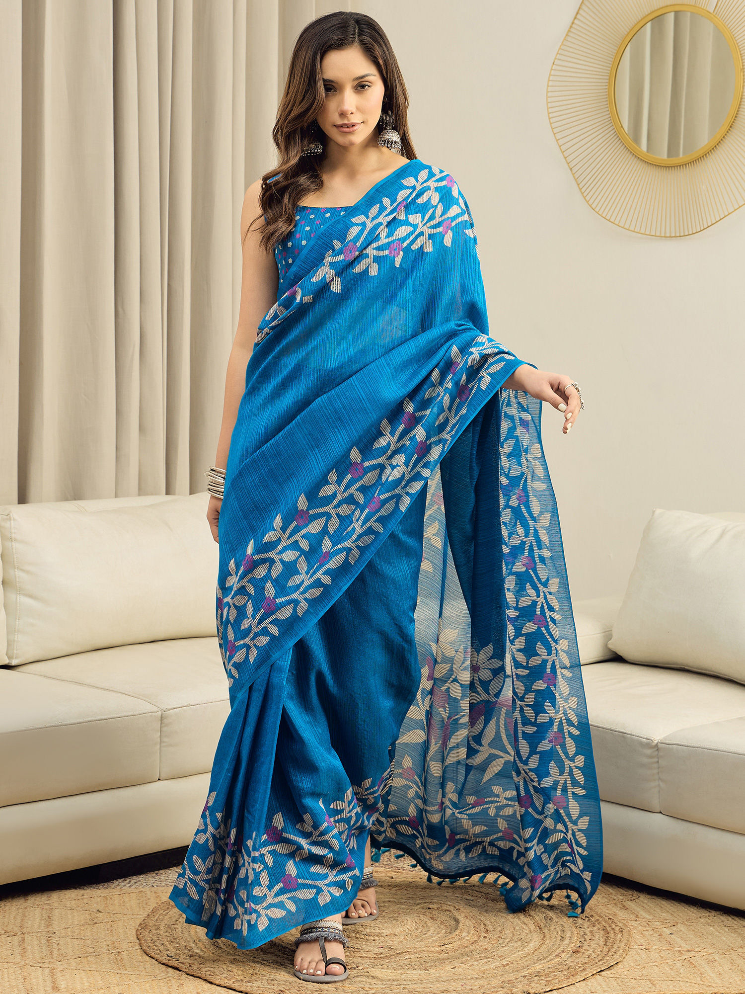 Cotton Slub Light Blue Floral Printed Ready To Wear Saree with Unstitched Blouse-image-7