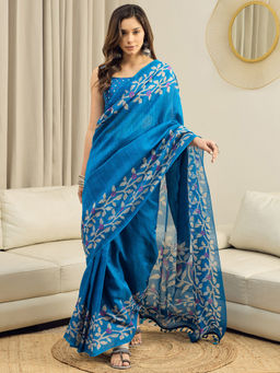Akhilam - Cotton Slub Light Blue Floral Printed Ready To Wear Saree with Unstitched Blouse