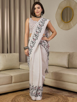 Akhilam - Cotton Slub White Floral Printed Ready To Wear Saree with Unstitched Blouse
