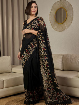 Akhilam - Cotton Slub Black Floral Printed Ready To Wear Saree with Unstitched Blouse