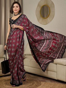 Akhilam - Satin Silk Burgundy Geometric Printed Ready To Wear Saree with Unstitched Blouse