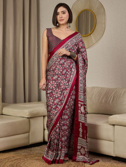 Akhilam - Satin Silk Burgundy Geometric Printed Ready To Wear Saree with Unstitched Blouse