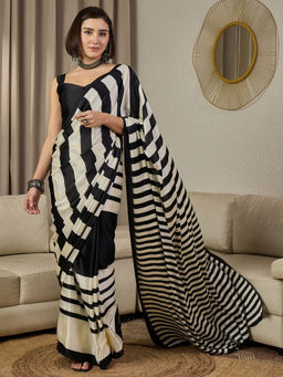 Akhilam - Crepe Black Stripe Printed Ready To Wear Saree with Unstitched Blouse