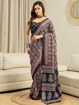 Akhilam - Dola Silk Black Printed Ready To Wear Saree with Unstitched Blouse