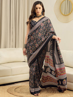 Akhilam - Dola Silk Black Printed Ready To Wear Saree with Unstitched Blouse