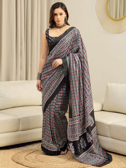 Akhilam - Dola Silk Black Printed Ready To Wear Saree with Unstitched Blouse