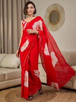 Akhilam - Cotton Red Floral Printed Ready To Wear Saree with Unstitched Blouse